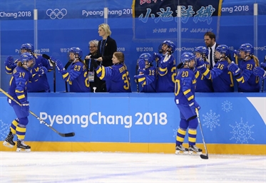 GANGNEUNG, SOUTH KOREA - FEBRUARY 10: Sweden's Fanny Rask #20 and Sabina Kuller #14 celebrate at the bench with teammates after a first period goal against Japan during preliminary round action at the PyeongChang 2018 Olympic Winter Games. (Photo by Andre Ringuette/HHOF-IIHF Images)


